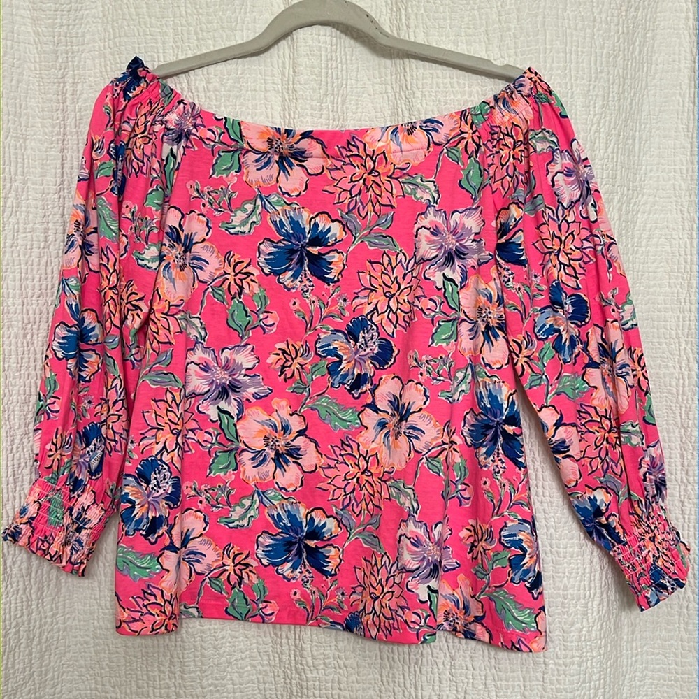 Lilly Pulitzer Lessa Pink Isle Off The Shoulder Top Size M Floral